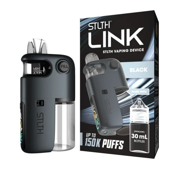 Black STLTH Link vaping device kit with packaging, featuring a fillable tank and capacity for up to 150,000 puffs.