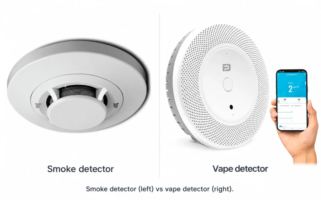 Comparison of a smoke detector on the left and a vape detector on the right, with a smartphone displaying data.
