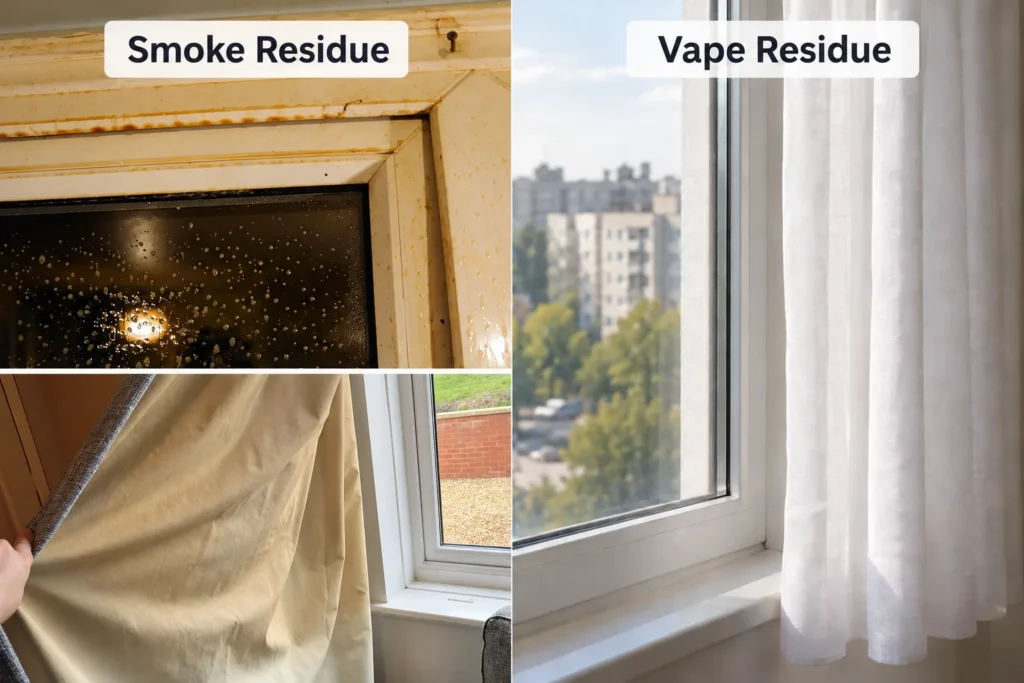 Comparison of smoke and vape residue on window frames, showing significant differences in cleanliness and appearance.