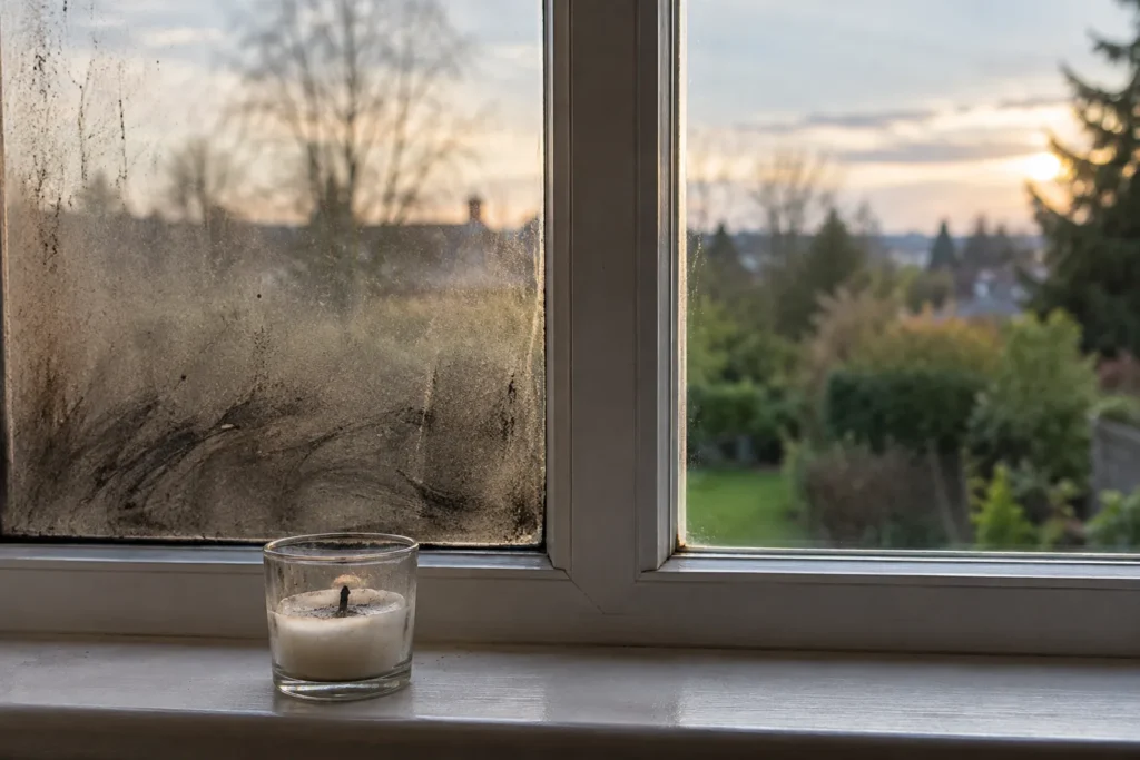 A sooty windowpane beside a clean glass pane, with a candle on the windowsill and a garden view outside.