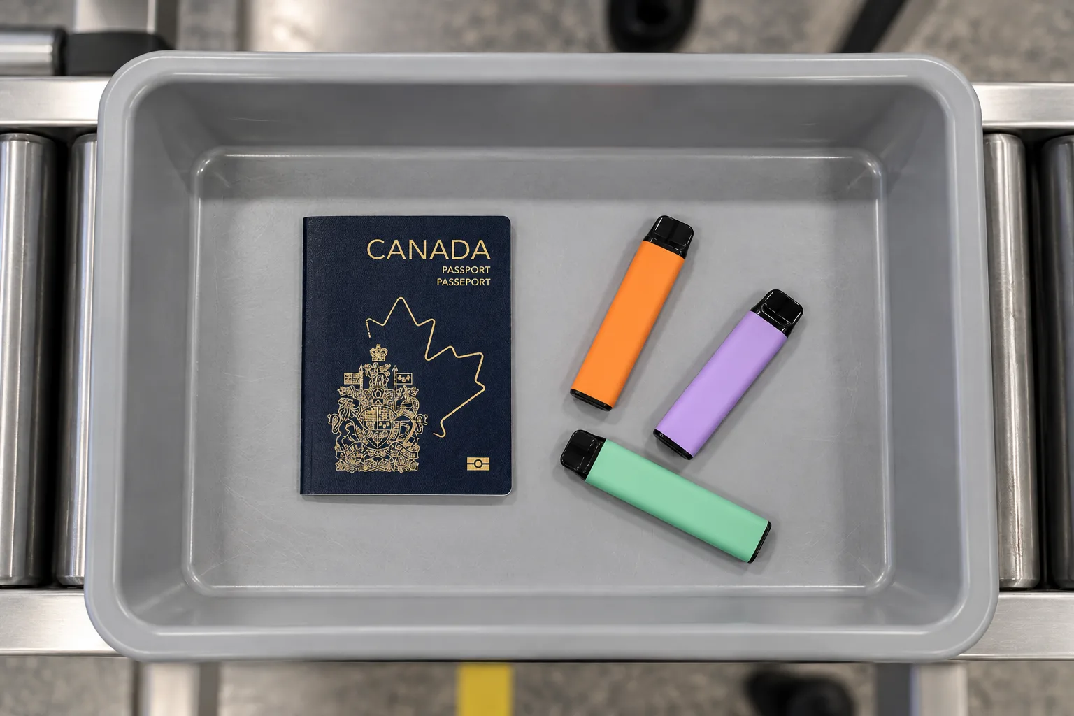 A gray airport security tray containing a Canadian passport and four colorful vape devices.