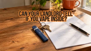 A vape pen, keys, and a pen on a wooden table next to a coffee cup and a rental agreement document.