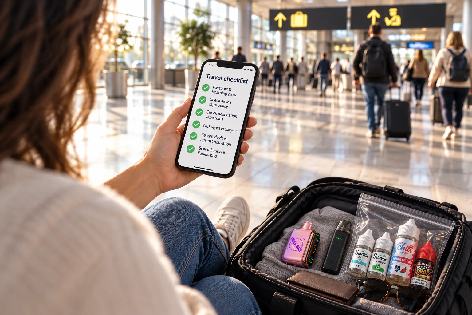 A traveler checks a vape travel checklist on their phone while sitting in an airport, with a packed bag beside them.