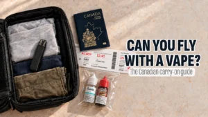 A packed suitcase with clothes, a vape device, a Canadian passport, and travel tickets on a marble surface.