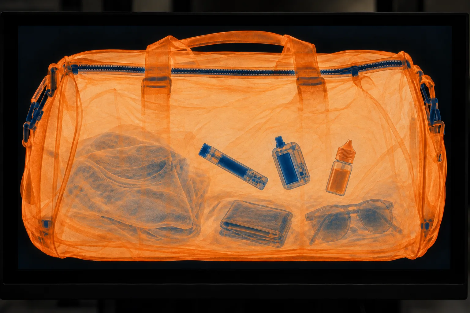 X-ray image of a duffel bag showing vapes, a wallet, sunglasses, and clothing items inside.